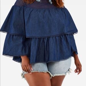 PLUS SIZE BLUE JEAN 2 TIER BELL SLEEVE SHIRT